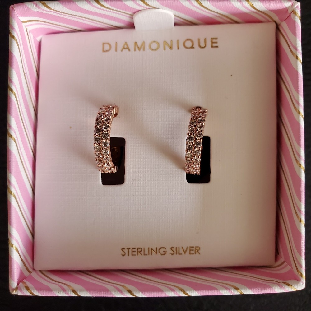 Diamonique Small Hoop Earrings Huggie Rose Gold Over Sterling‎ Silver Pave NWOT